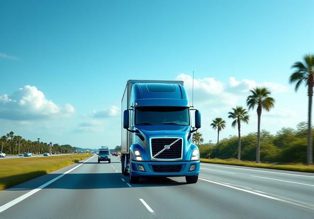 Road freight truck on Florida highway for Tampa Bay LTL logistics